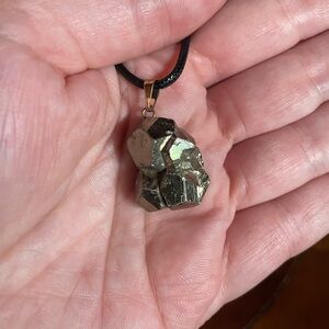 Octahedral Pyrite Pendant Necklace on 18” Black Cord